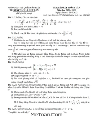 Đề khảo sát Toán 9 năm 2021 - 2022 trường THCS Lê Quý Đôn - Hà Nội