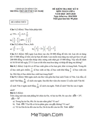 Đề thi học kì 2 Toán lớp 6 năm 2019 - 2020 trường THCS Huỳnh Văn Nghệ - TP HCM (có lời giải)