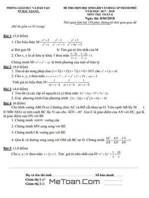 Đề thi HSG Toán 8 cấp thành phố năm 2017 - 2018 phòng GD&ĐT TP Bắc Giang