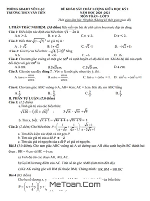 Đề thi giữa kì 1 Toán 9 năm 2020 - 2021 trường THCS Văn Tiến - Vĩnh Phúc (có đáp án)