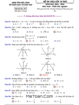 Đề thi tuyển sinh vào lớp 10 môn Toán năm 2023 - 2024 Sở GD&ĐT Bắc Ninh