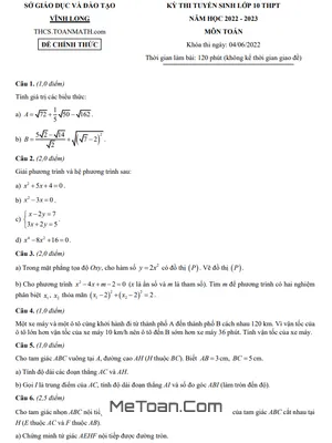 Đề thi tuyển sinh lớp 10 môn Toán năm 2022 - 2023 Sở GD&ĐT Vĩnh Long