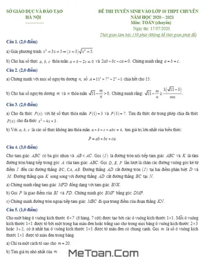 Đề thi vào lớp 10 chuyên Toán Hà Nội năm 2020 - 2021 (có lời giải)