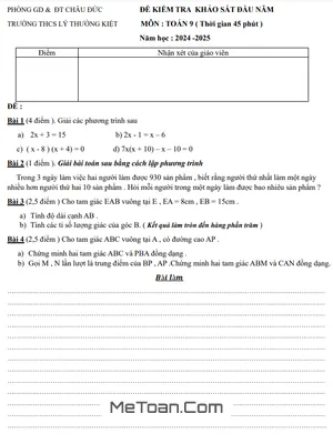 Đề khảo sát Toán 9 đầu năm 2024 - 2025 trường THCS Lý Thường Kiệt - BR VT