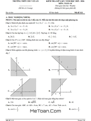 Tải Đề Thi Giữa Kì 1 Toán 10 Năm 2025-2026 THPT Chu Văn An, Thái Nguyên (Có Đáp Án)