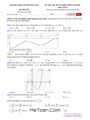 Đề Thi Thử Tốt Nghiệp THPT 2026 Môn Toán Trường THPT Chuyên Hạ Long – Quảng Ninh