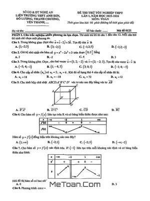 Đề Thi Thử Tốt Nghiệp THPT 2026 Môn Toán Lần 1 Liên Trường THPT – Nghệ An