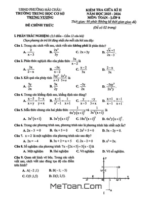 Đề Thi Giữa Kì 2 Môn Toán 8 Năm Học 2025-2026 Trường THCS Trưng Vương – Đà Nẵng