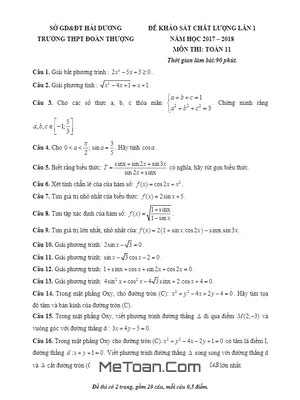 Đề khảo sát chất lượng Toán 11 lần 1 năm 2017-2018 trường THPT Đoàn Thượng - Hải Dương
