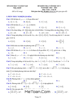 Đề thi học kì 1 Toán 10 năm 2021 - 2022 Sở GD&ĐT Bắc Ninh