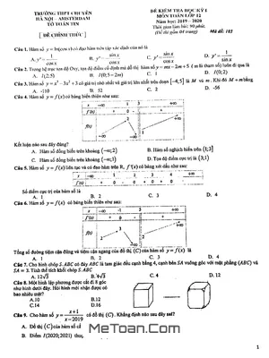 Đề thi học kỳ 1 Toán 12 năm 2019 - 2020 trường chuyên Hà Nội - Amsterdam