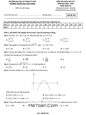Đề Thi Giữa Kì 2 Môn Toán Lớp 10 Năm 2023 - 2024 Trường THPT Thực Hành ĐHSP TP.HCM