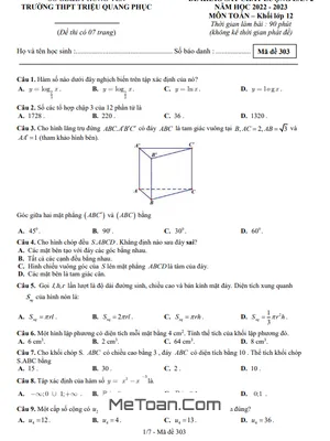 Đề khảo sát lần 2 Toán 12 năm 2022 – 2023 trường THPT Triệu Quang Phục – Hưng Yên