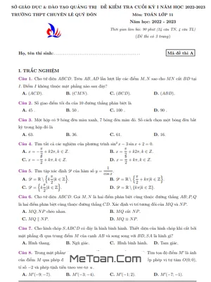 Đề thi học kì 1 Toán 11 năm 2022 - 2023 trường THPT chuyên Lê Quý Đôn - Quảng Trị