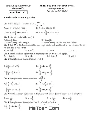 Đề thi học kỳ 1 Toán 11 năm học 2017 - 2018 Sở GD và ĐT Bình Phước