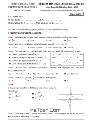 Đề thi giữa HK1 Toán 12 năm 2018-2019 trường THPT Giao Thủy B - Nam Định (Có đáp án)