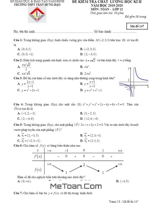 Đề thi học kì 2 Toán 12 năm 2019 - 2020 trường THPT Trần Hưng Đạo - Nam Định (có đáp án)