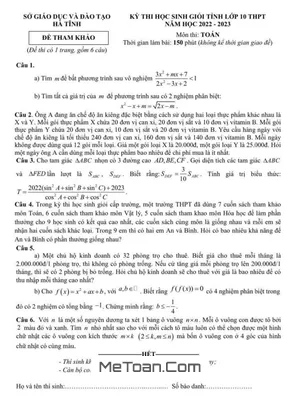 Đề thi học sinh giỏi tỉnh Toán 10 năm 2022 - 2023 sở GD&ĐT Hà Tĩnh