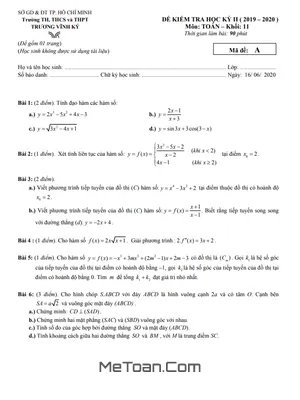 Đề thi học kì 2 Toán 11 năm 2019 - 2020 trường Trương Vĩnh Ký - TP HCM