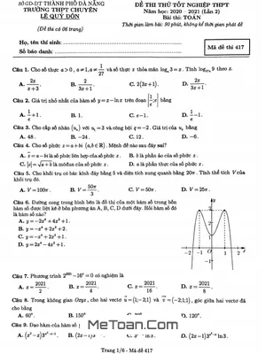 Đề thi thử Toán tốt nghiệp THPT 2021 lần 2 trường chuyên Lê Quý Đôn - Đà Nẵng (Mã đề 417)