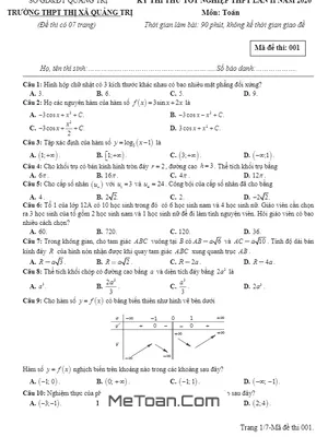 Đề thi thử tốt nghiệp THPT 2020 môn Toán lần 2 trường THPT thị xã Quảng Trị