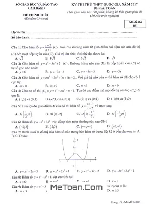 Bộ Đề thi thử THPT Quốc gia môn Toán năm 2017 của Sở GD&ĐT Cao Bằng (có đáp án)