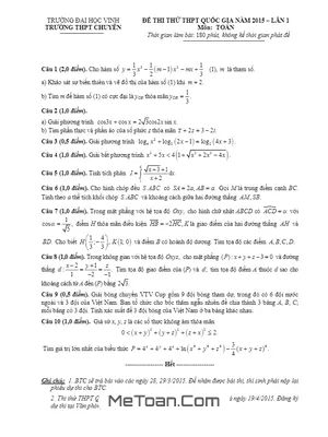 Đề thi thử THPT Quốc gia 2015 môn Toán - Trường Chuyên Đại học Vinh - Lần 1