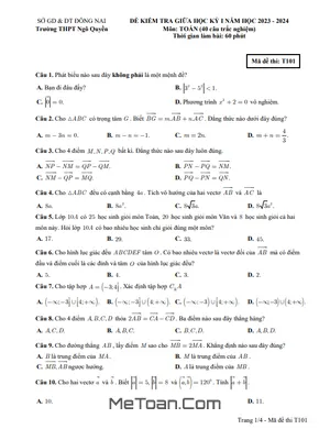 Đề thi giữa học kỳ 1 Toán 10 năm 2023 - 2024 trường THPT Ngô Quyền - Đồng Nai