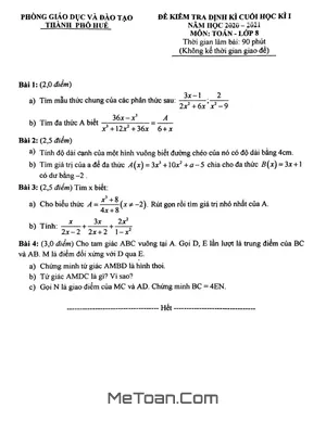 Đề thi học kì 1 Toán 8 năm 2020 - 2021 phòng GD&ĐT TP. Huế