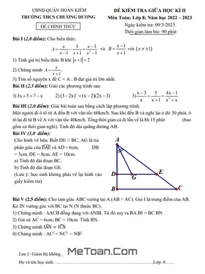 Đề thi giữa kì 2 Toán 8 năm 2022 - 2023 trường THCS Chương Dương - Hà Nội