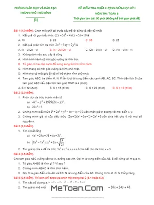 10 Đề Kiểm Tra Chất Lượng Giữa Học Kỳ 1 Môn Toán Lớp 8