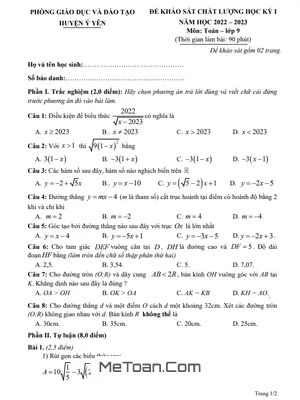Đề thi học kỳ 1 Toán 9 năm 2022 - 2023 phòng GD&ĐT Ý Yên - Nam Định