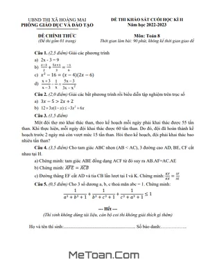 Đề thi học kì 2 Toán 8 năm 2022 - 2023 phòng GD&ĐT Hoàng Mai - Nghệ An