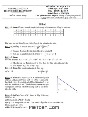 Đề thi học kì 2 Toán 7 năm 2019 - 2020 trường THCS Trường Sơn - TP.HCM (có đáp án)