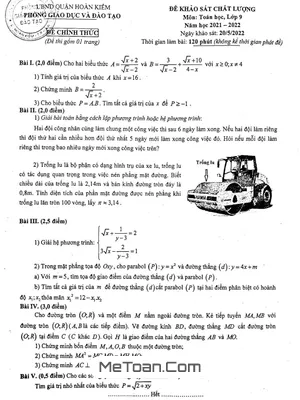 Đề khảo sát chất lượng Toán 9 năm 2021 - 2022 phòng GD&ĐT Hoàn Kiếm - Hà Nội