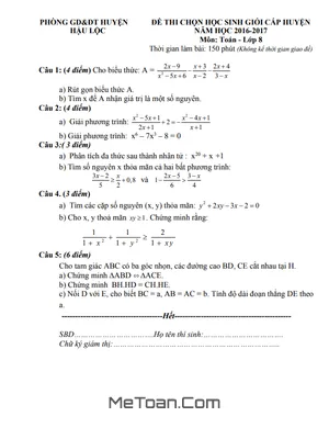 Đề thi HSG Toán 8 cấp huyện năm 2016 - 2017 phòng GD&ĐT Hậu Lộc - Thanh Hóa
