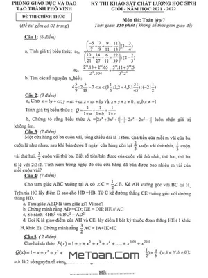 Đề thi HSG Toán 7 năm 2021 - 2022 phòng GD&ĐT Vinh, Nghệ An