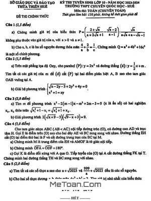 Đề tuyển sinh lớp 10 môn Toán (chuyên) năm 2023 – 2024 trường chuyên Quốc học Huế