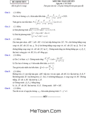 Đề thi tuyển sinh lớp 10 môn Toán (chuyên) năm 2020 - 2021 Sở GD&ĐT TP.HCM