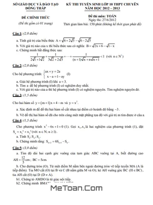 Đề Thi Tuyển Sinh Vào 10 Chuyên Toán Đồng Tháp Năm 2012-2013 - Có Đáp Án