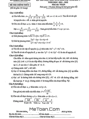 Đề thi học sinh giỏi cấp tỉnh Toán 9 năm 2021 - 2022 sở GD&ĐT Hà Giang