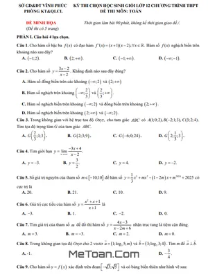 Đề minh họa chọn HSG Toán 12 năm 2024 - 2025 Sở GD&ĐT Vĩnh Phúc