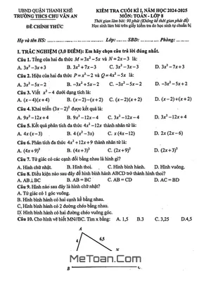 Đề thi học kì 1 Toán 8 năm 2024 - 2025 trường THCS Chu Văn An - Đà Nẵng