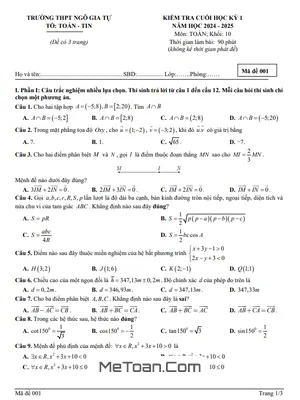 Đề Thi Cuối Kỳ 1 Toán 10 Năm 2024 - 2025 Trường THPT Ngô Gia Tự - Đắk Lắk (Có Đáp Án)