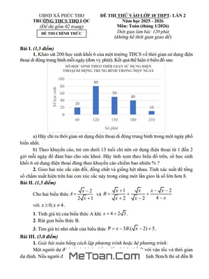 Đề thi thử vào lớp 10 môn Toán lần 2 năm 2026 trường THCS Thọ Lộc – Hà Nội