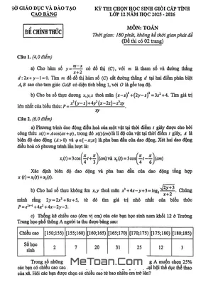 Đề Thi Học Sinh Giỏi Cấp Tỉnh Môn Toán 12 Năm Học 2025 – 2026 – Sở GD&ĐT Cao Bằng
