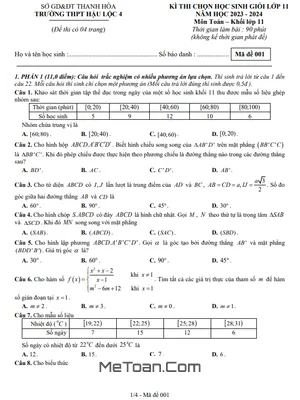 Đề thi học sinh giỏi Toán 11 năm 2023 - 2024 trường THPT Hậu Lộc 4 - Thanh Hóa