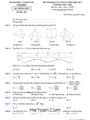 Đề thi học kỳ 1 Toán 12 năm 2023 - 2024 sở GD&ĐT Nam Định