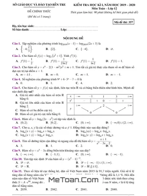 Đề kiểm tra học kì 1 Toán 12 năm 2019 – 2020 sở GD&ĐT Bến Tre