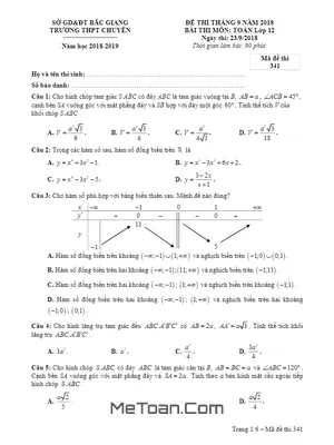 Đề thi tháng 9 năm 2018 môn Toán 12 trường THPT chuyên Bắc Giang